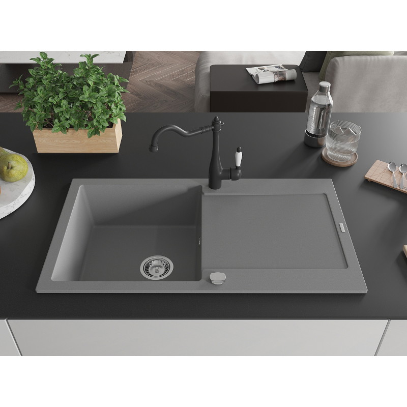 Mexen Leo 1-bowl granite sink with drainer and kitchen faucet Carla, gray - 6501-71-670700-70