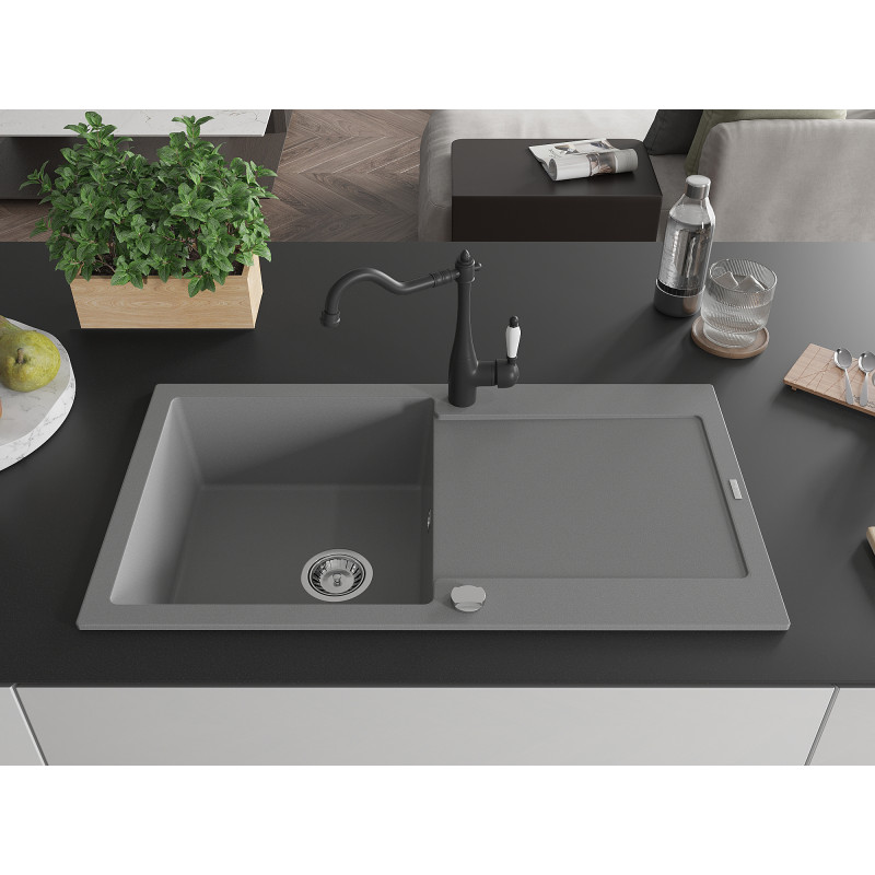 Mexen Leo granite sink 1-bowl with drainer and kitchen faucet Carla, gray - 6501-71-670700-70