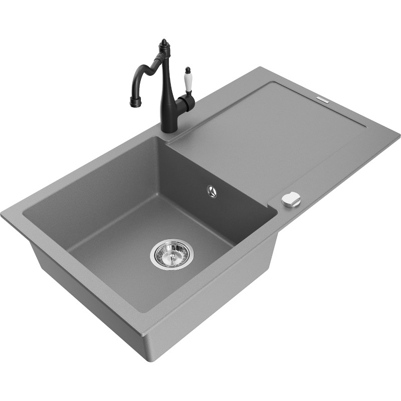 Mexen Leo 1-bowl granite sink with drainer and kitchen faucet Carla, gray - 6501-71-670700-70