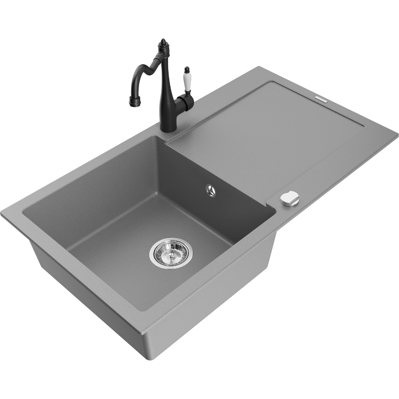 Mexen Leo granite kitchen sink 1-bowl with drainer and Carla kitchen tap, grey - 6501-71-670700-70