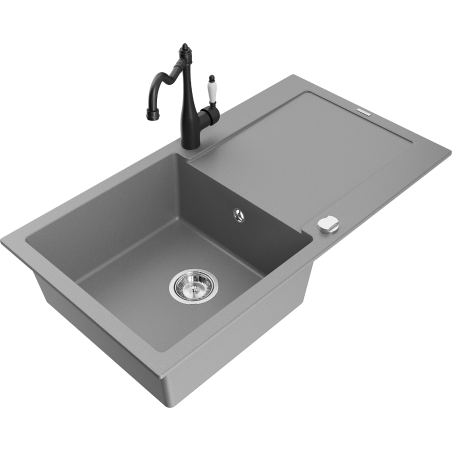 Mexen Leo granite kitchen sink 1-bowl with drainer and Carla kitchen tap, grey - 6501-71-670700-70