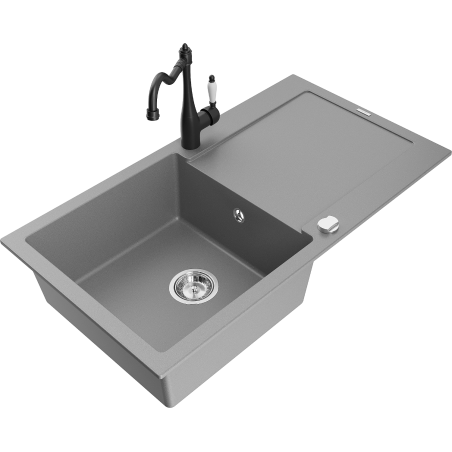 Mexen Leo granite sink 1-bowl with drainer and kitchen faucet Carla, gray - 6501-71-670700-70