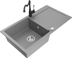 Mexen Leo 1-compartment granite sink with a drip tray and kitchen mixer tap Carla, Grey - 6501-71-670700-70