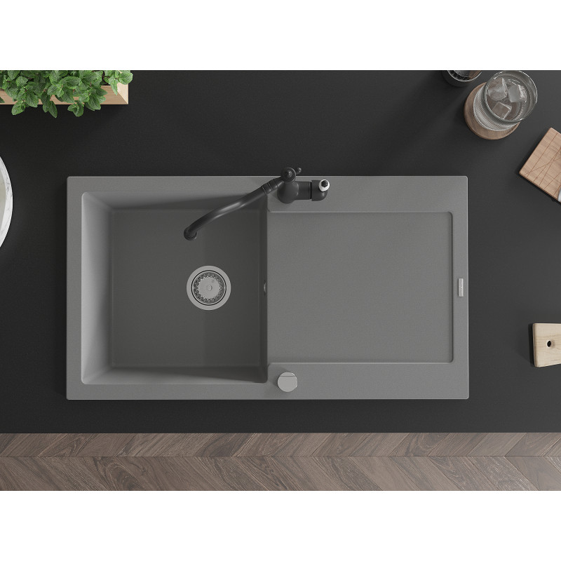 Mexen Leo granite sink 1-bowl with drainer and kitchen faucet Carla, gray - 6501-71-670700-70