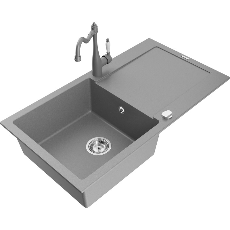 Mexen Leo 1-bowl granite sink with drainer and kitchen faucet Carla, gray - 6501-71-670700-71