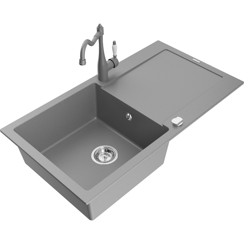 Mexen Leo 1-compartment granite sink with a drip tray and kitchen mixer tap Carla, Grey - 6501-71-670700-71