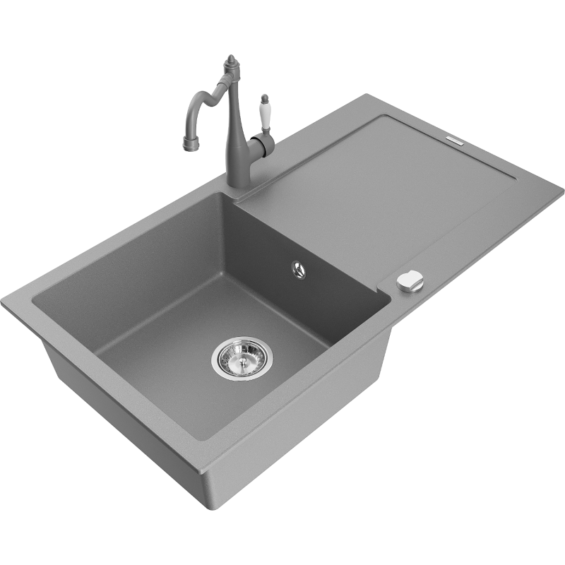 Mexen Leo granite sink 1-bowl with drainer and Carla kitchen tap, grey - 6501-71-670700-71
