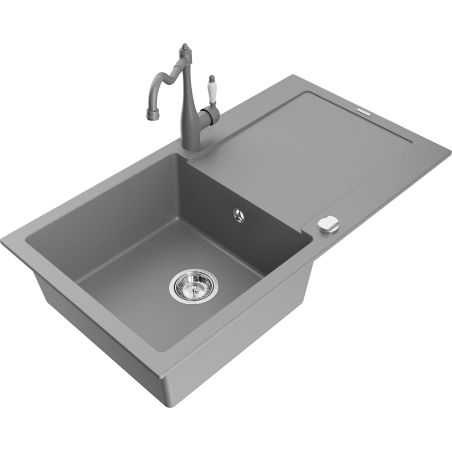 Mexen Leo granite 1-bowl sink with drainer and Carla kitchen faucet, gray - 6501-71-670700-71