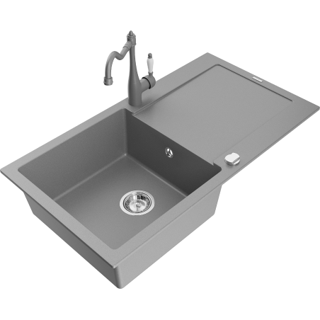 Mexen Leo granite sink 1-bowl with drainer and Carla kitchen tap, grey - 6501-71-670700-71