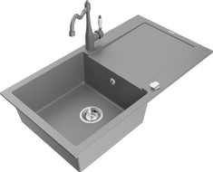 Mexen Leo 1-compartment granite sink with a drip tray and kitchen mixer tap Carla, Grey - 6501-71-670700-71