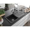 Mexen Leo granite sink 1-bowl with drainer and kitchen tap Carla, black/silver metallic - 6501-73-670700-70