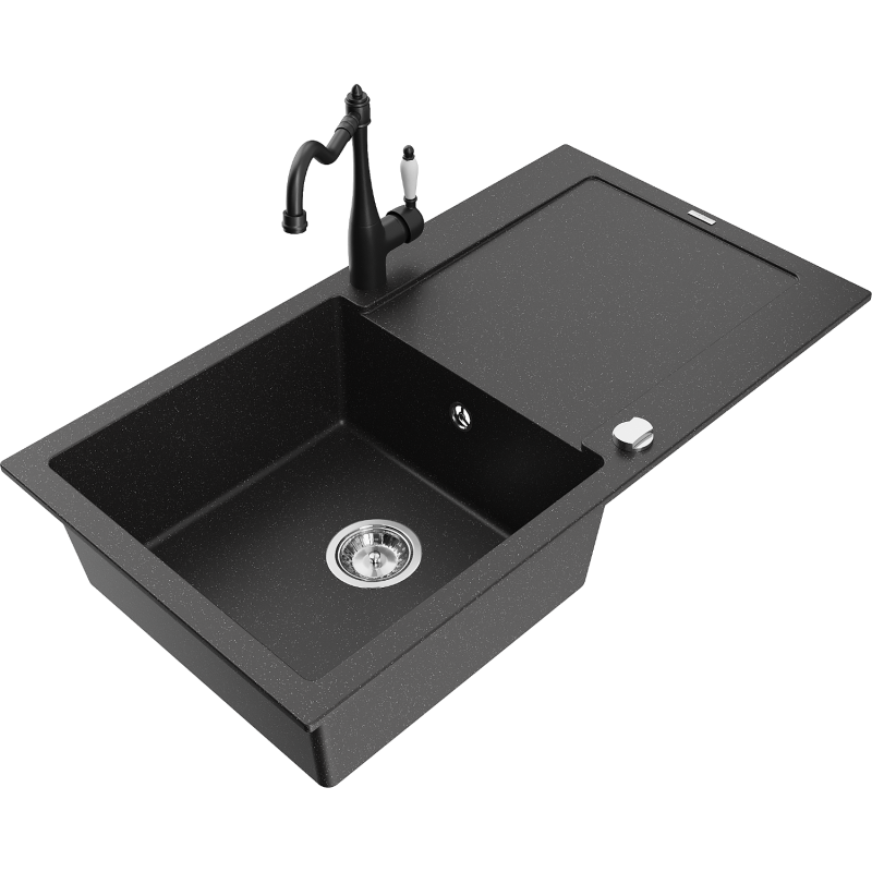 Mexen Leo granite kitchen sink 1-bowl with drainer and kitchen faucet Carla, black/silver metallic - 6501-73-670700-70