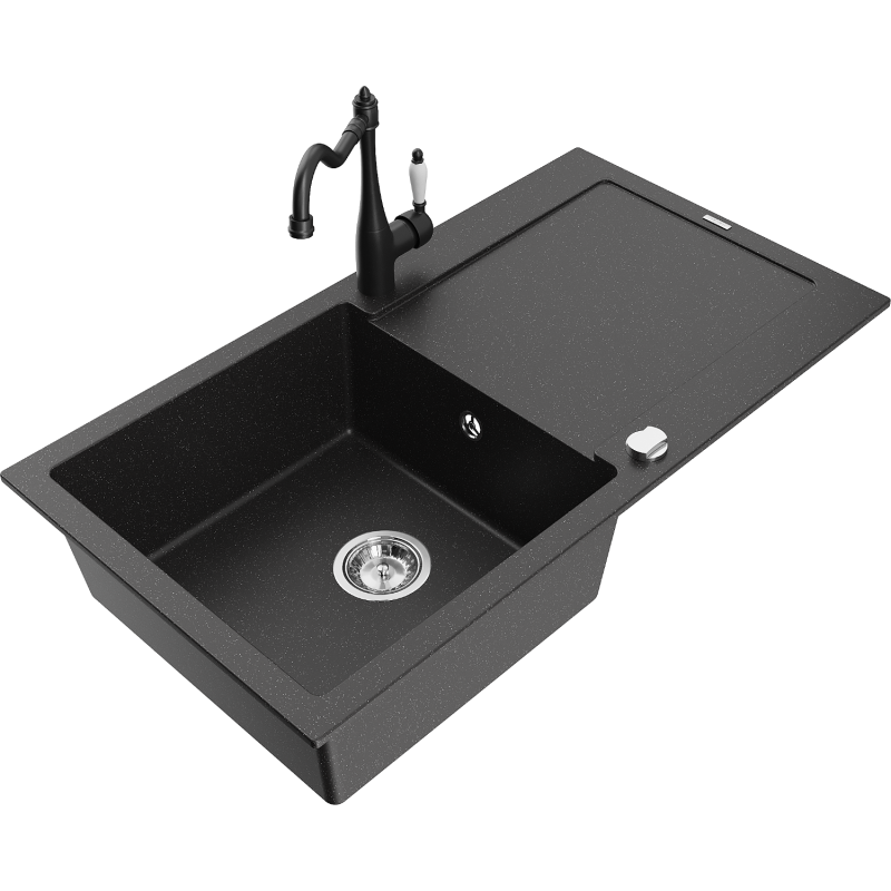 Mexen Leo granite sink 1-bowl with drainer and kitchen tap Carla, black/silver metallic - 6501-73-670700-70