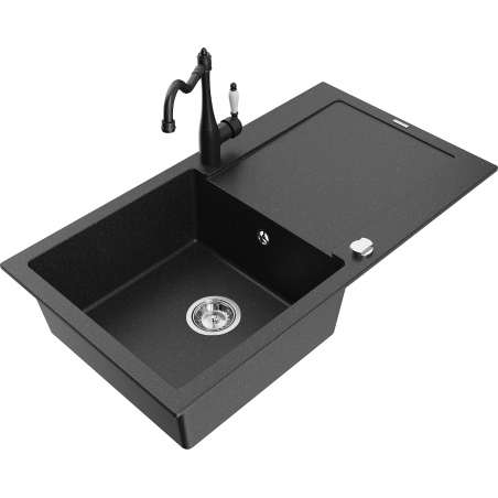 Mexen Leo granite kitchen sink 1-bowl with drainer and kitchen faucet Carla, black/silver metallic - 6501-73-670700-70