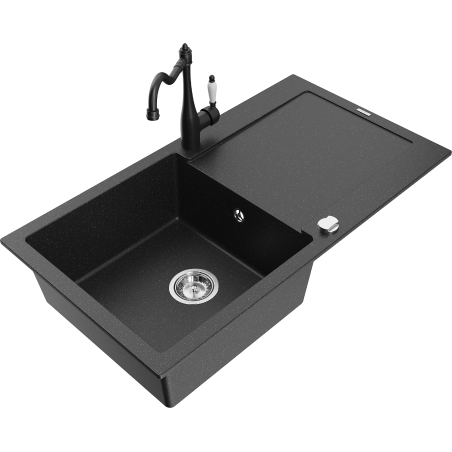Mexen Leo granite sink 1-bowl with drainer and kitchen tap Carla, black/silver metallic - 6501-73-670700-70