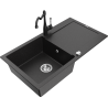 Mexen Leo granite kitchen sink 1-bowl with drainer and kitchen faucet Carla, black/silver metallic - 6501-73-670700-70