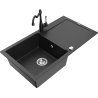 Mexen Leo granite sink 1-bowl with drainer and kitchen tap Carla, black/silver metallic - 6501-73-670700-70