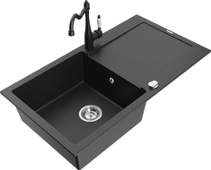 Mexen Leo granite kitchen sink 1-bowl with drainer and kitchen faucet Carla, black/silver metallic - 6501-73-670700-70