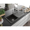Mexen Leo granite kitchen sink with 1 bowl, drainer, and Carla kitchen faucet, black/gold metallic - 6501-75-670700-00