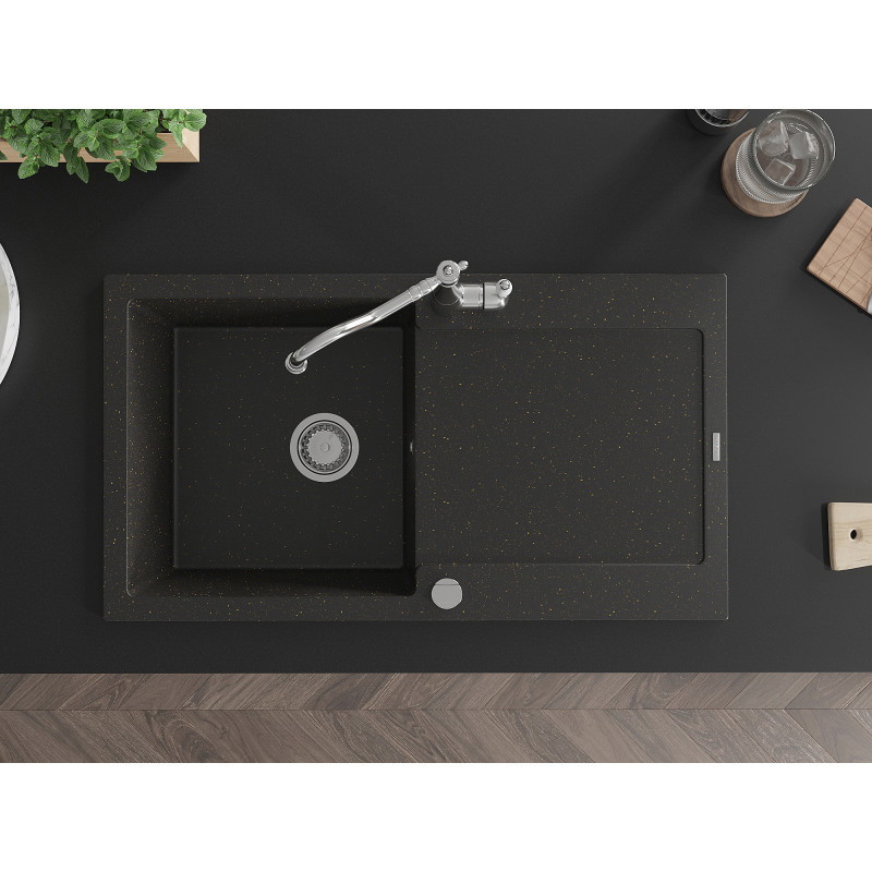 Mexen Leo granite kitchen sink with 1 bowl, drainer, and Carla kitchen faucet, black/gold metallic - 6501-75-670700-00