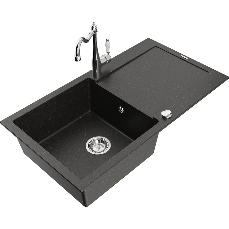 Mexen Leo 1-bowl granite sink with drainer and kitchen faucet Carla, black/gold metallic - 6501-75-670700-00