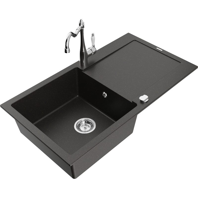 Mexen Leo granite kitchen sink with 1 bowl, drainer, and Carla kitchen faucet, black/gold metallic - 6501-75-670700-00