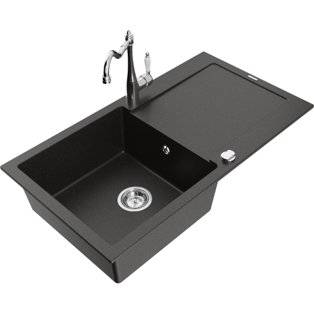 Mexen Leo granite kitchen sink with 1 bowl, drainer, and Carla kitchen faucet, black/gold metallic - 6501-75-670700-00