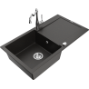 Mexen Leo 1-bowl granite sink with drainer and kitchen faucet Carla, black/gold metallic - 6501-75-670700-00