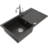 Mexen Leo granite kitchen sink with 1 bowl, drainer, and Carla kitchen faucet, black/gold metallic - 6501-75-670700-00