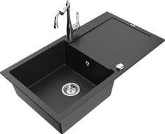 Mexen Leo 1-bowl granite sink with drainer and kitchen faucet Carla, black/gold metallic - 6501-75-670700-00