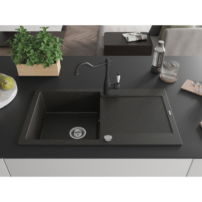 Mexen Leo 1-Bowl Granite Sink with Drainer and Kitchen Faucet Carla, Black/Gold Metallic - 6501-75-670700-70