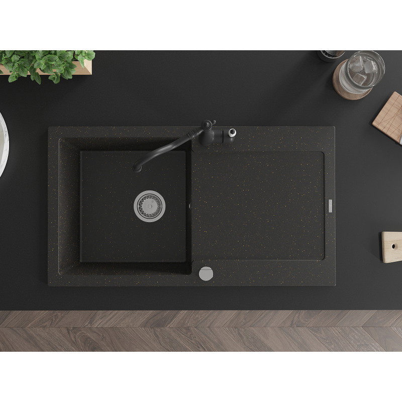 Mexen Leo 1-Bowl Granite Sink with Drainer and Kitchen Faucet Carla, Black/Gold Metallic - 6501-75-670700-70