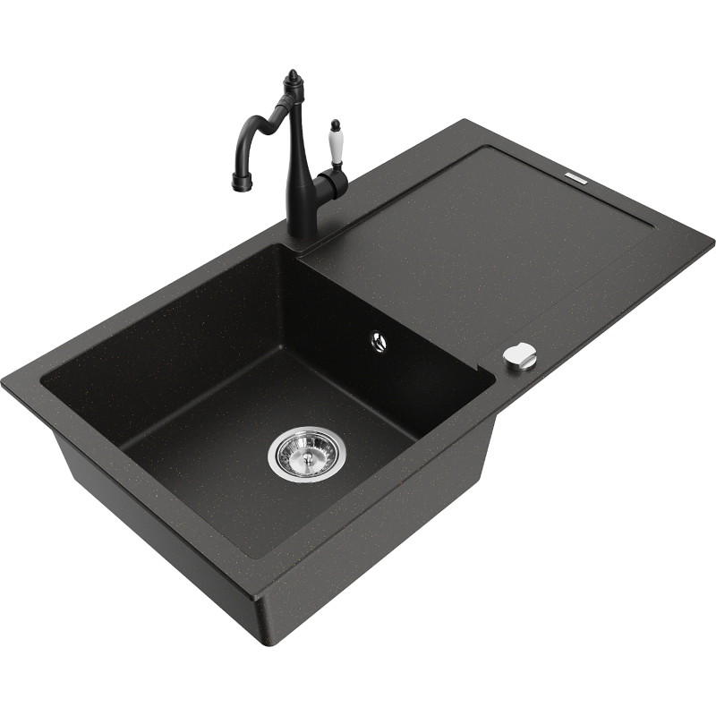 Mexen Leo 1-bowl granite sink with drainer and Carla kitchen faucet, black/golden metallic - 6501-75-670700-70