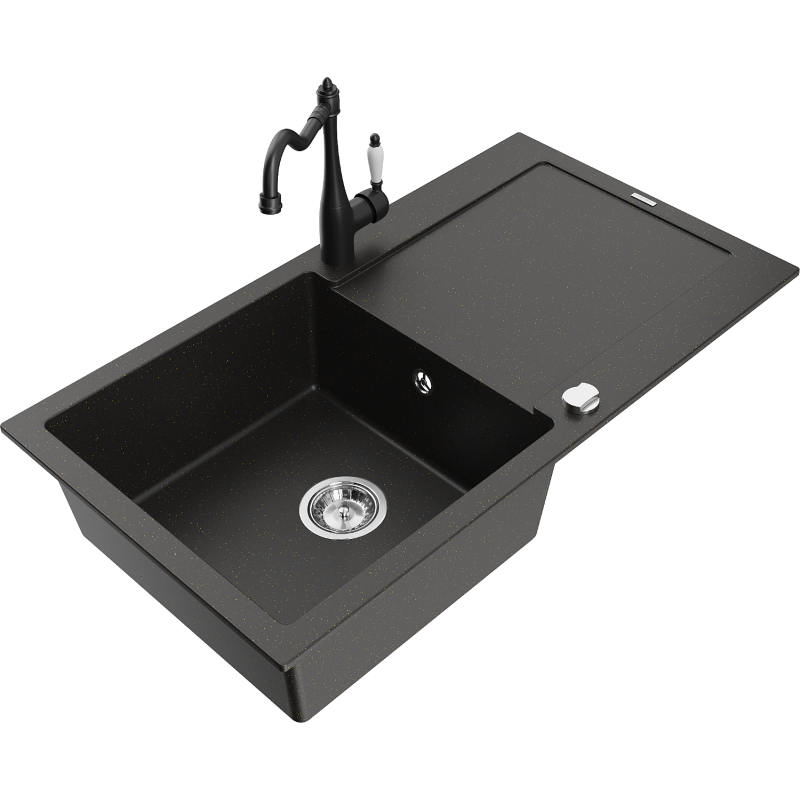 Mexen Leo granite sink with 1 basin, drainer and Carla kitchen tap, black/gold metallic - 6501-75-670700-70