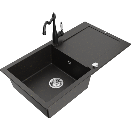 Mexen Leo 1-Bowl Granite Sink with Drainer and Kitchen Faucet Carla, Black/Gold Metallic - 6501-75-670700-70