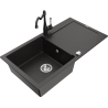 Mexen Leo 1-bowl granite sink with drainer and Carla kitchen faucet, black/golden metallic - 6501-75-670700-70
