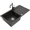 Mexen Leo 1-Bowl Granite Sink with Drainer and Kitchen Faucet Carla, Black/Gold Metallic - 6501-75-670700-70