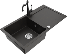 Mexen Leo 1-bowl granite sink with drainer and Carla kitchen faucet, black/golden metallic - 6501-75-670700-70