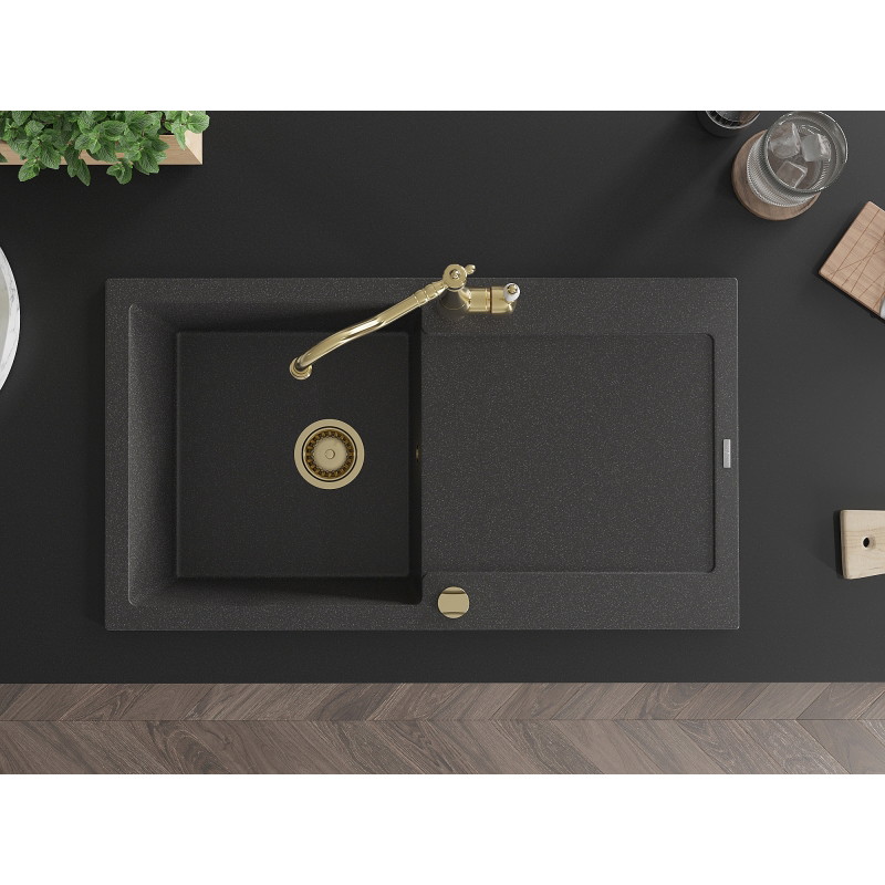 Mexen Leo granite kitchen sink 1-bowl with drainer and kitchen faucet Carla, speckled black - 6501-76-670700-50
