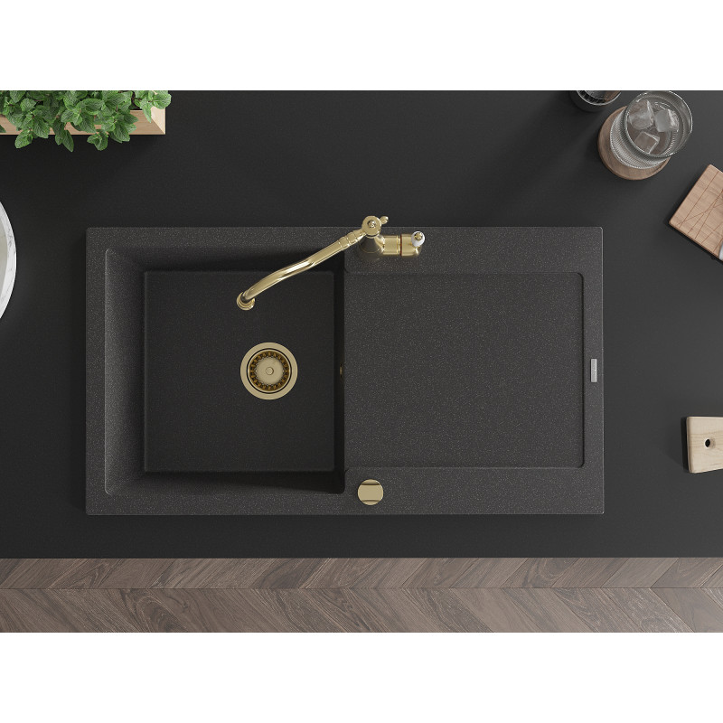 Mexen Leo granite single-bowl sink with drainer and Carla kitchen faucet, speckled black - 6501-76-670700-50