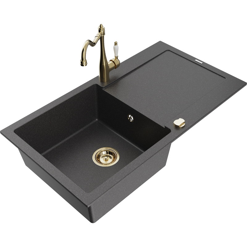 Mexen Leo granite kitchen sink 1-bowl with drainer and kitchen faucet Carla, speckled black - 6501-76-670700-50