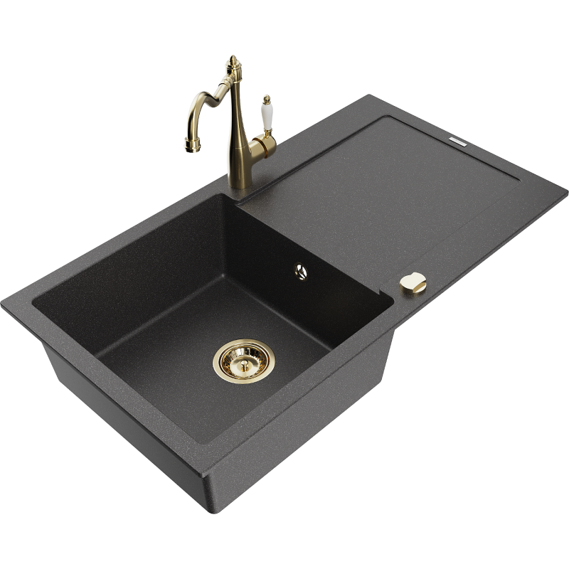 Mexen Leo granite single-bowl sink with drainer and Carla kitchen faucet, speckled black - 6501-76-670700-50