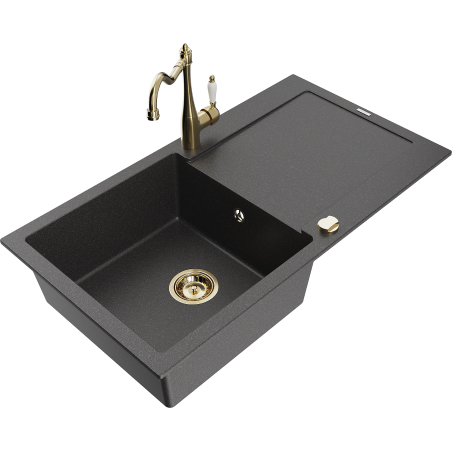 Mexen Leo granite single-bowl sink with drainer and Carla kitchen faucet, speckled black - 6501-76-670700-50