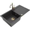 Mexen Leo granite single-bowl sink with drainer and Carla kitchen faucet, speckled black - 6501-76-670700-50