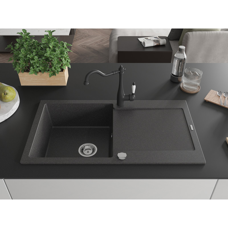 Mexen Leo granite sink 1-bowl with drainer and kitchen faucet Carla, black speckled - 6501-76-670700-70
