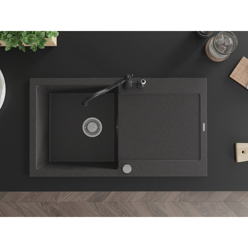 Mexen Leo granite kitchen sink 1-bowl with drainer and Carla kitchen faucet, black speckled - 6501-76-670700-70