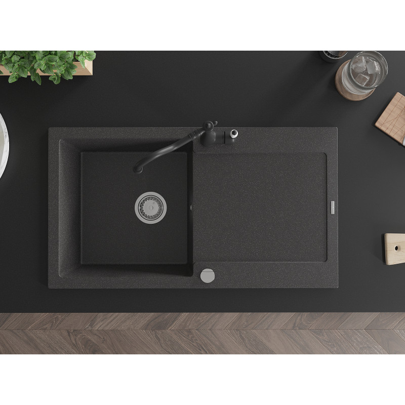 Mexen Leo granite sink 1-bowl with drainer and kitchen faucet Carla, black speckled - 6501-76-670700-70