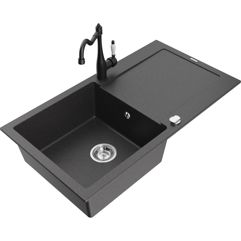 Mexen Leo granite kitchen sink 1-bowl with drainer and Carla kitchen faucet, black speckled - 6501-76-670700-70