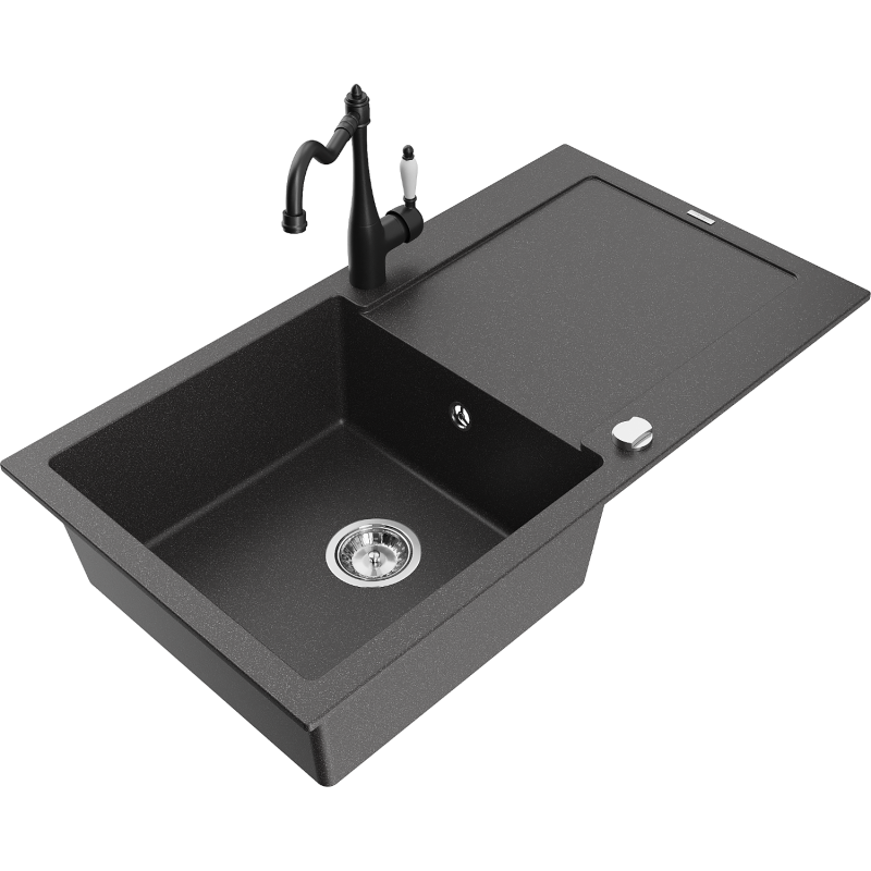 Mexen Leo granite sink 1-bowl with drainer and kitchen faucet Carla, black speckled - 6501-76-670700-70