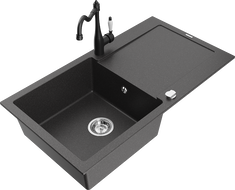 Mexen Leo granite kitchen sink 1-bowl with drainer and Carla kitchen faucet, black speckled - 6501-76-670700-70